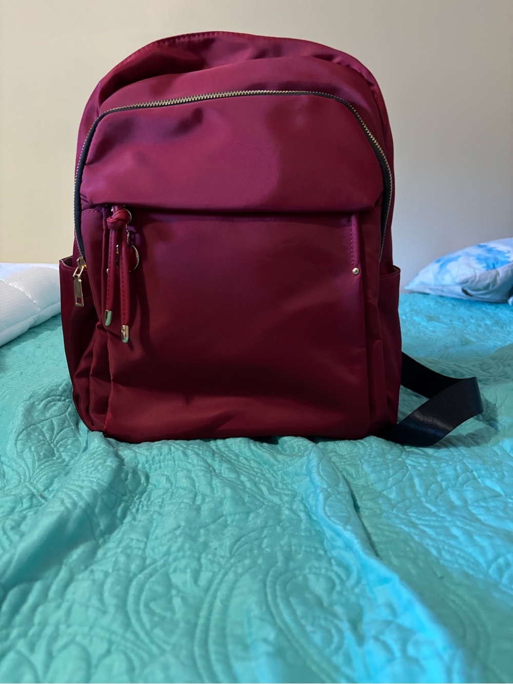 Deep red backpack purse with fancy lining